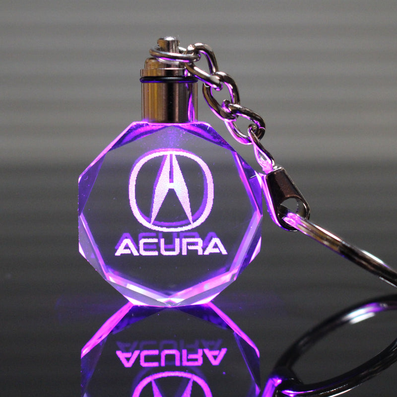 Flashing Keychain with Car Logo, Laser Engraved Crystal Body w/Colorful LED Light (Variant Selections)